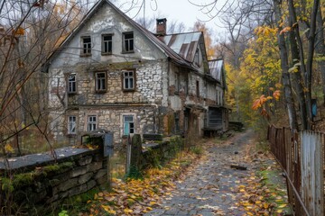 Fototapeta premium Stone house with broken windows is slowly decaying in a colorful autumn forest