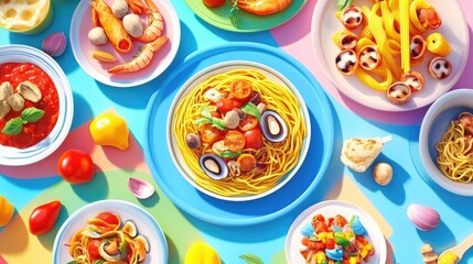 Aerial view of an assortment of Italian pasta dishes featuring seafood mushroom and tomato sauces and spaghetti bolognese perfect for culinary inspiration