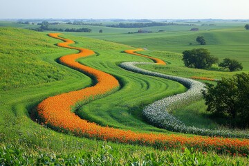 Vibrant curving flower fields in scenic countryside landscape