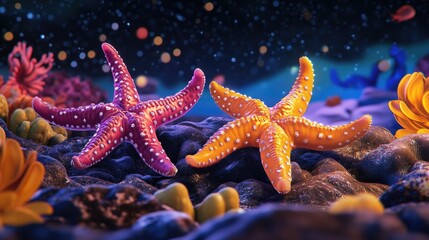 Close up of seven armed starfish displaying tube feet gliding over a rocky seabed marine life exploration