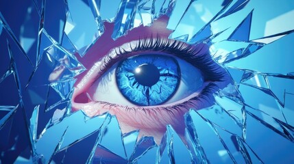 Double exposure image of an eye reflected in a shattered mirror with sharp edges creating an ethereal and haunting allure in an artistic composition