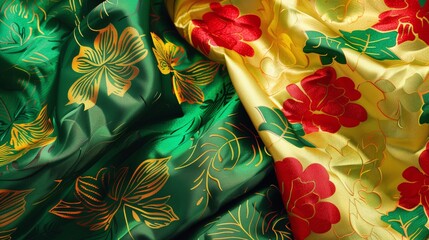 Floral Satin Fabric Resembling Benin Flag’s Color for National Celebration or Event Background