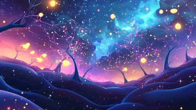 Abstract representation of interconnected neurons and stars illuminating a cosmic landscape illustrating unity and the essence of existence