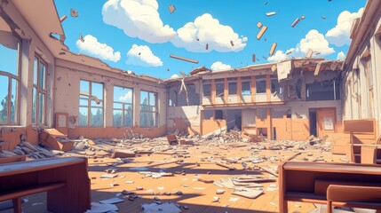 Devastated school building with blown out windows and roof damage from airstrikes a powerful reminder of war s impact on education