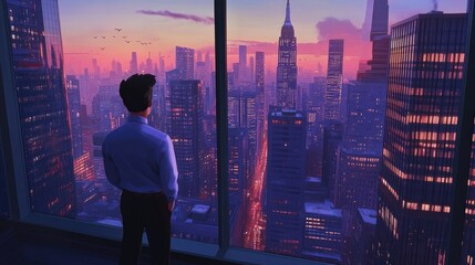 Aerial view of an office building with a businessman gazing out the window showcasing evening skyscraper skyline