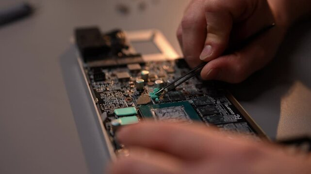 Electronics engineer carefully removing thermal paste from graphics processing unit using metal spatula during routine computer maintenance, closeup. Concept of service, repair and cleaning computer.