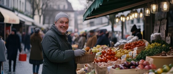 An elderly man beams with warmth and friendliness while selling fresh produce at a vibrant town market, connecting with the community.