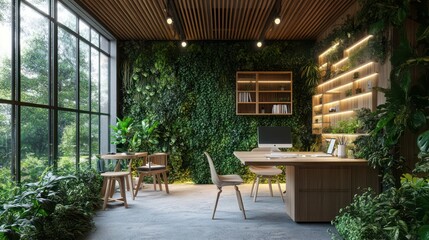Fototapeta premium European team focusing on eco-conscious virtual psychology care, serene nature-themed workspace,