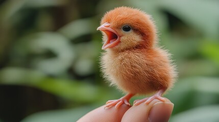Obraz premium A tiny, fluffy brown chick with its mouth open, perched on a finger against a green blurred background.