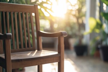 A wooden chair sits in a sun-drenched porch with plants in the background.
