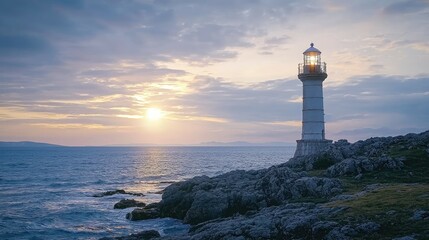 A lighthouse stands tall on a rocky cliff overlooking a vast ocean at sunset.