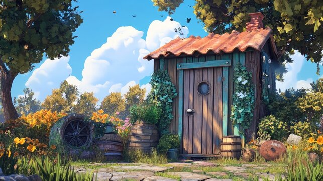 Artistic metal cutouts displayed against a rustic outhouse enhancing outdoor decor and craftsmanship