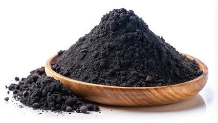 Activated charcoal powder isolated on white background with forced perspective