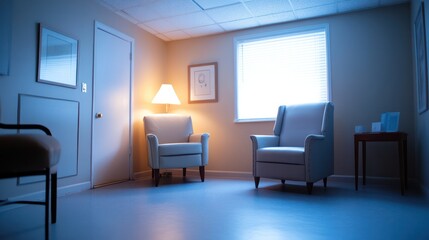 North American trauma recovery professionals using regenerative psychology techniques, supportive room with calm lighting,