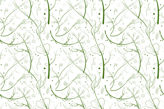 Sketch  microgreen  seeds vector illustration. Seamless pattern with young leaves seedlings. peas raw microgreens sprouts, healthy eating concept