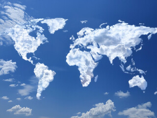 blue sky with world map clouds