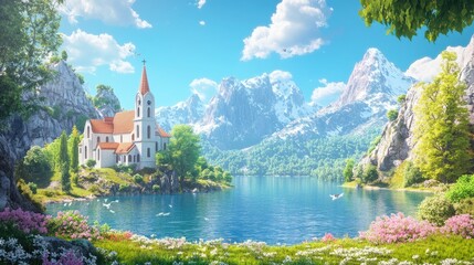 Fototapeta premium Drone panorama of a monastery and chapel overlooking a picturesque lake on a sunny spring day ideal for travel enthusiasts and tourists