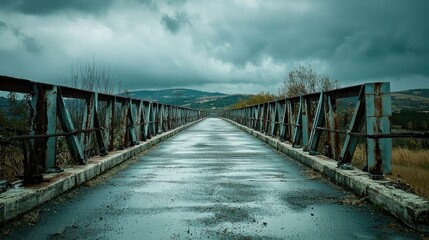 Obraz premium A long, straight, metal bridge with rusty railings leading to a mountain range under a dark, cloudy sky.