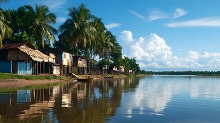 Obraz premium Professional photo of a riverside community with immaculate water and scenic homes, framed by lush vegetation. 