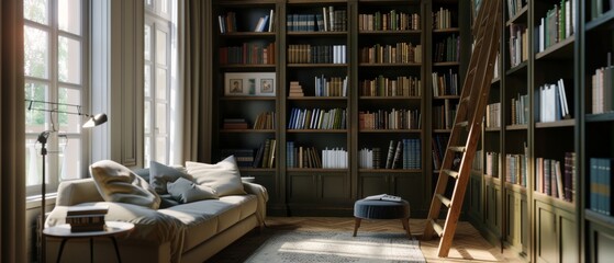 Sunlight spills into a charming home library, casting warm glow across books and cozy reading nook, inviting for leisurely escape into literature.