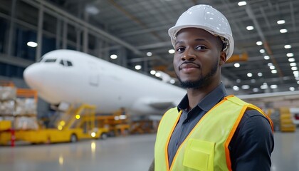A confident worker in safety gear stands in an aircraft hangar, showcasing diligence and professionalism in the aviation industry.