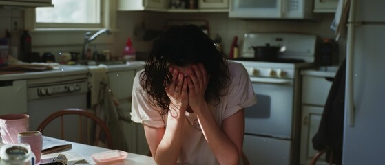 In a sunlit kitchen, a woman sits with her head in hands, evoking a deep emotional moment of reflection and introspection.