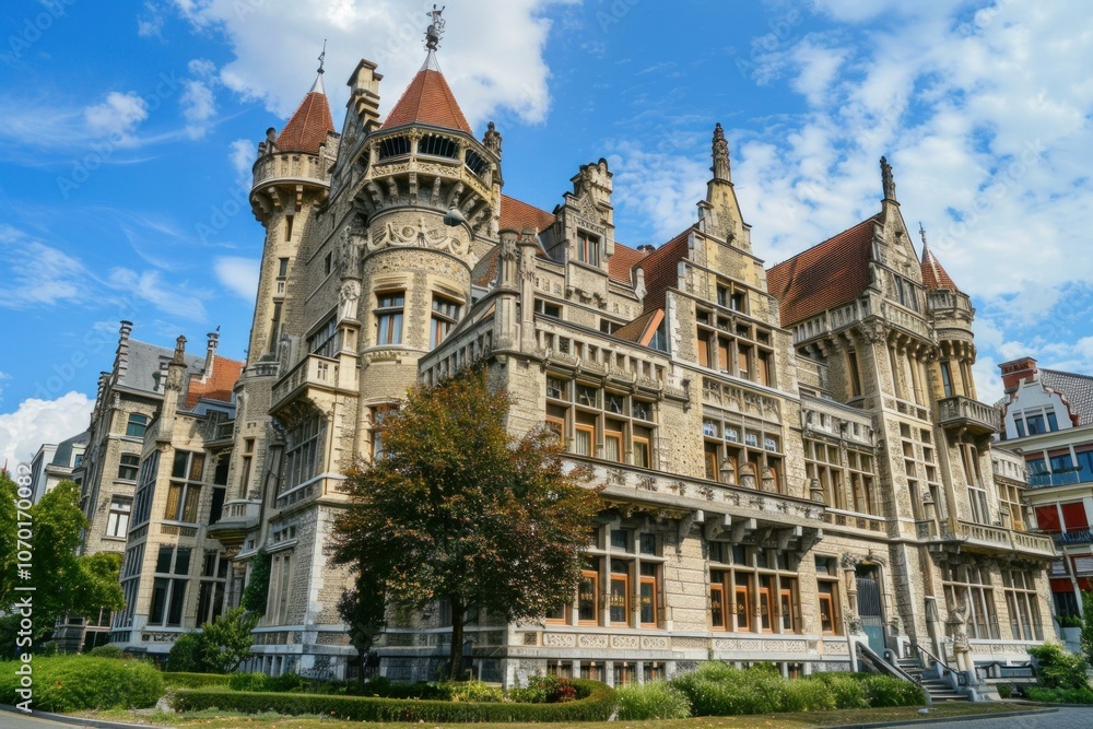 Poster the ornate facade of a historic building with multiple turrets and intricate stonework, showcasing n