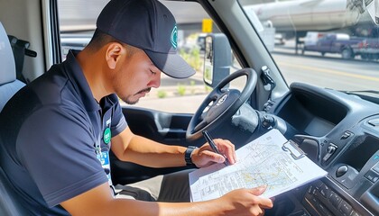 A man is focused on taking notes while seated inside a vehicle, highlighting attention to detail and work-related tasks.