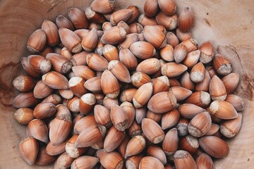 Des noisettes entières dans un récipient en bois, avec effet de lumière crème mate