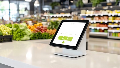 A modern checkout tablet sits on a counter in a vibrant grocery store filled with fresh produce.