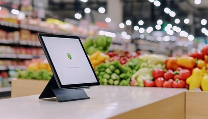 A tablet stands on a counter in a grocery store, surrounded by fresh produce, highlighting technology in shopping environments.