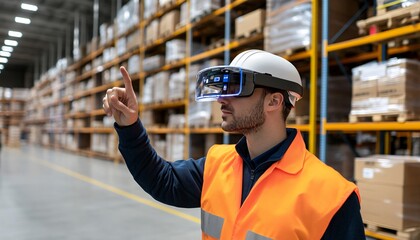 A worker uses augmented reality glasses in a warehouse, enhancing productivity and safety while managing inventory.