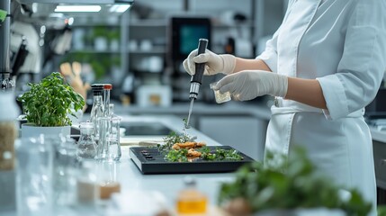 Fototapeta premium A scientist in a lab coat and gloves uses a dropper to add liquid to a tray of plants for an experiment.