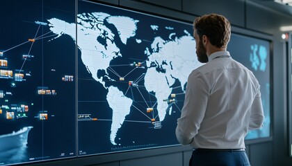 A man in a white shirt observes a digital world map displaying interconnected data, highlighting global networks and technology trends in a modern workspace.