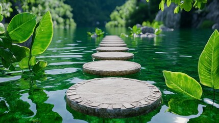 Naklejka premium Stone Pathway Through Tranquil Green Lake in Lush Tropical Forest