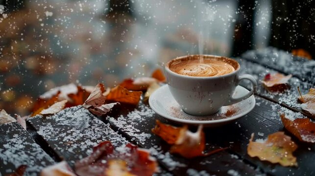 A cup of espresso as the first signs of winter frost appear. Looping 4k video animation background