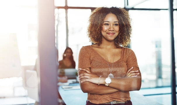 Office, thinking and confident African woman with smile, glass reflection and ambition at creative agency. Happy, workshop and consultant in conference room with opportunity, ideas and arms crossed