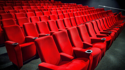Fototapeta premium Vibrant red theater seats in an empty auditorium
