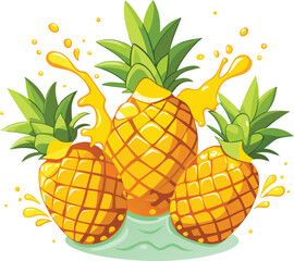 set of fresh delicious pineapples splashing