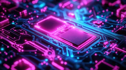 Fototapeta premium Detailed Close-Up of a Circuit Board Featuring Bright Pink and Blue Wiring, Capturing the Essence of Modern Technology and Digital Connectivity. Perfect for High-Tech Themes and Electronics Visuals.