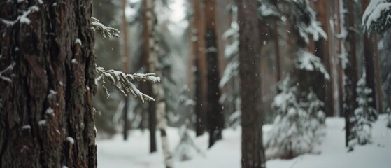 Snow-draped fir trees stand silently in a serene winter forest, capturing the quiet elegance of a snowy day.