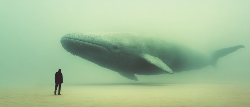 A lone figure stands on a sandy ocean floor, dwarfed by a massive whale floating above, evoking a sense of wonder and scale.