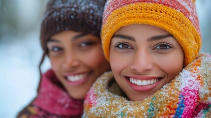 Two refugee girls smiling warmly in the snow wearing colorful winter clothing.