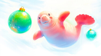 Manatee Christmas Cheer: A whimsical illustration of a pink manatee with a cheerful expression, swimming amidst Christmas ornaments. The manatee is surrounded by festive ornaments.