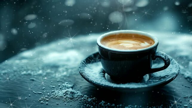 A cup of espresso as the first signs of winter frost appear. Looping 4k video animation background