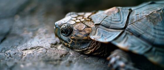 Obraz premium A close-up of a turtle resting on a textured rock surface, capturing the intricate details of its patterned shell and ancient wisdom in its gaze.