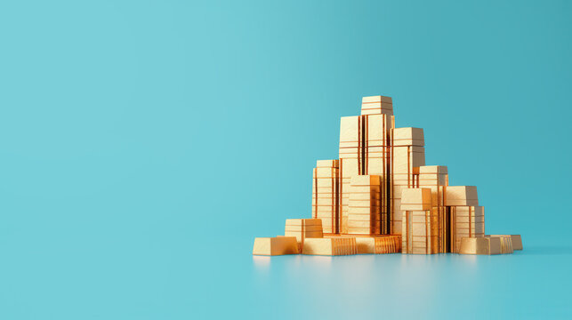 Futuristic Skyscraper of Wealth, Bullion bars meticulously stacked to form a towering skyline, representing prosperity and abundance, ideal for promotional messaging