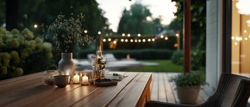 A rustic outdoor table set for dinner glows amid twinkling garden lights, promising cozy gatherings beneath the evening sky. - Powered by Adobe