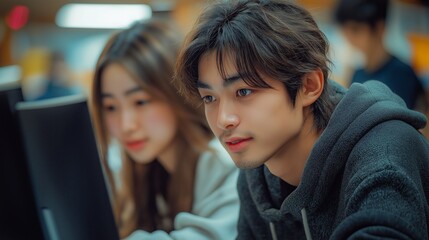 Young students focused on computer work in a study environment.