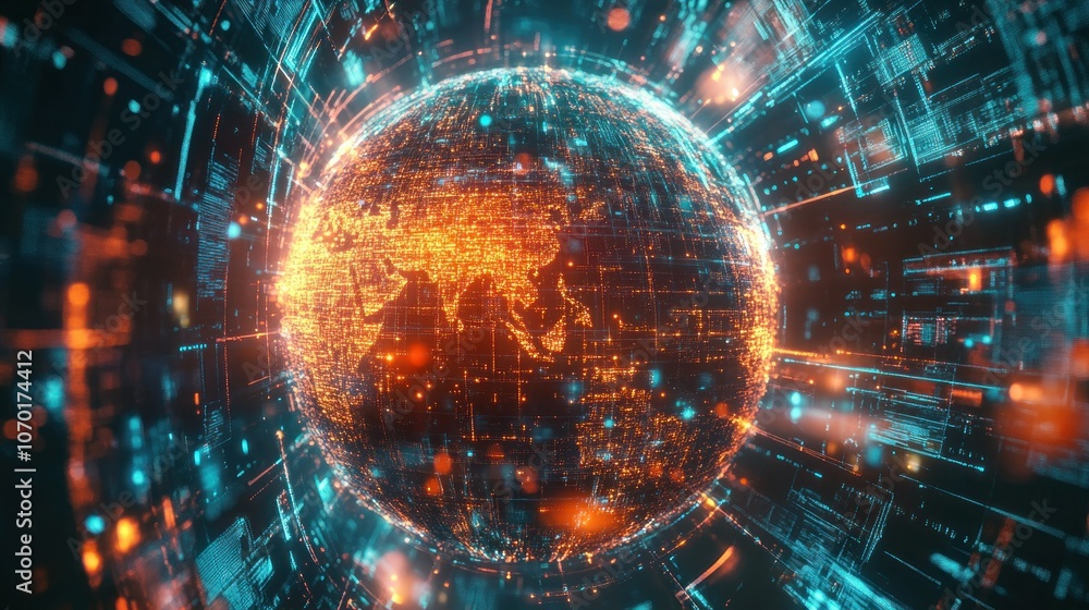 Poster futuristic digital world with vivid glow and data streams